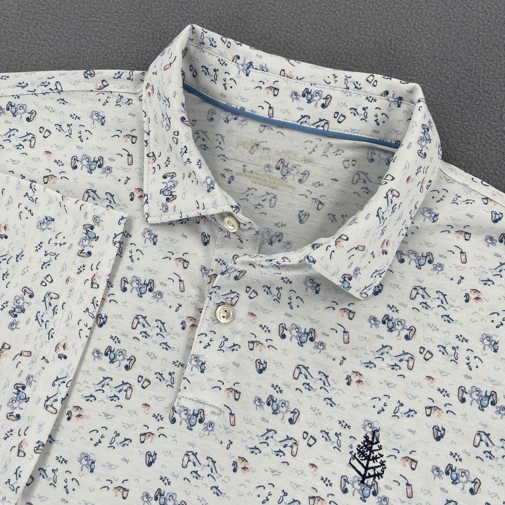 Peter Millar Drirelease Polo Shirt Mens L White Sea Drinks Print Short Sleeve